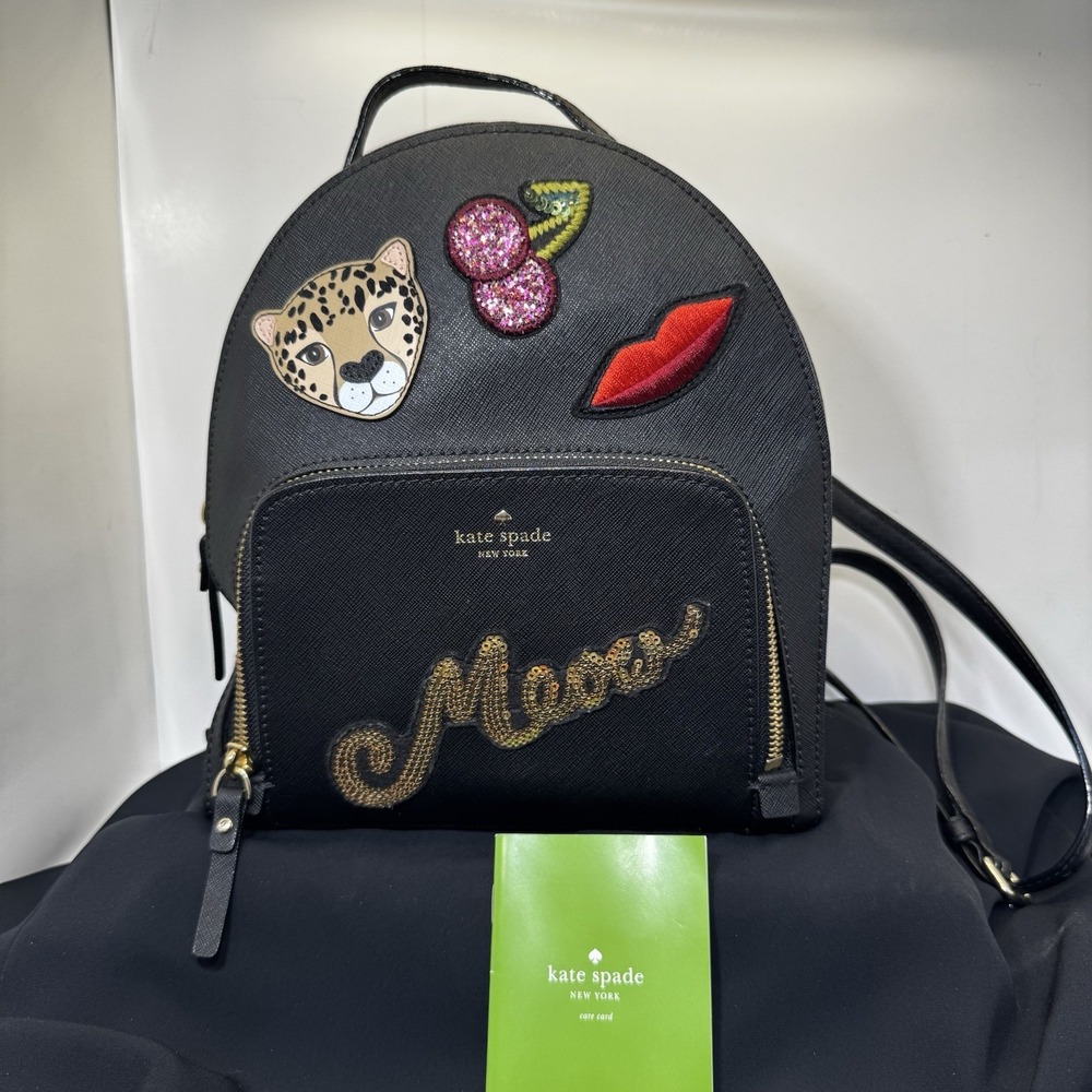 Kate Spade Cat's Meow Kiss Backpack Bag Run Wild Leopard Sequin Applique EUC